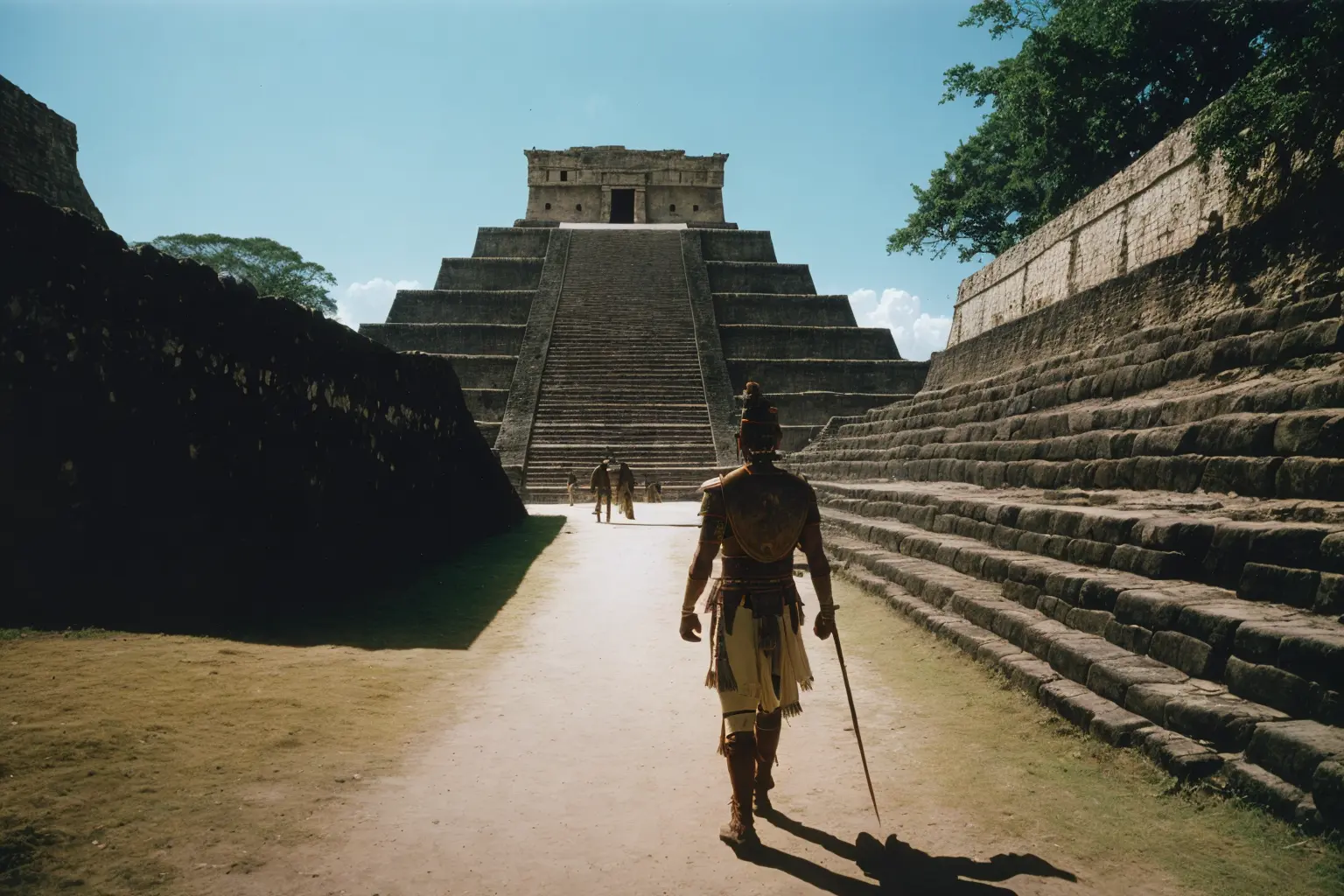 cinematic still of 1 warrior walking in front of Mayan Pyramids , Maya civilization, South American
(35mmstyle:1.1), front, masterpiece, 1970s film, , cinematic lighting, photorealistic, high frequency details, 35mm film, (film grain), film noise,