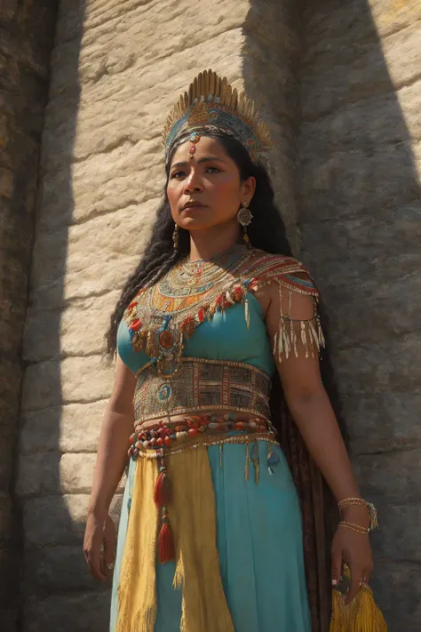 cinematic still of mayan goddess standing on the top of Mayan Pyramids , Maya civilization, South American, oil painting
