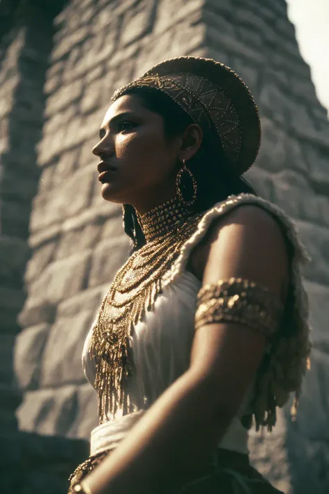 cinematic still of mayan goddess, standing on the top of Mayan Pyramids , Maya civilization, South American  
 (35mmstyle:1.1), front, masterpiece, 1970s film, , cinematic lighting, photorealistic, high frequency details, 35mm film, (film grain), film noise,