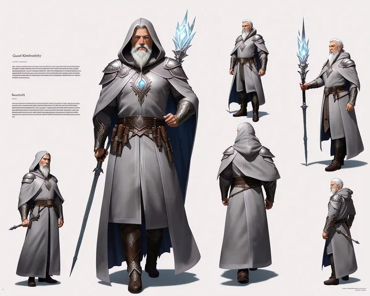 Character design sheet page scan, concept_art, by Greg Rutkowski and Andrey Shishkin, Old man, ice mage, grey beard, grizzled, weathered, realistic, painterly, grey cloak and hood with silver embroidery, ice staff, book, ((dynamic pose)), ((good anatomy)), ((cinematic)), ((subtle lighting)), ((perfect shading)), ((perfect inking)), ((award winning)), (gorgeous), ((perfect proportions)), ((intricate details)),