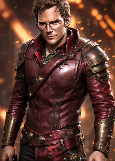 (photorealistic), (dramatic), (fantasy render), concept art, (full torso), (3/4 view:1.17), Star Lord steampunk style, ((Peter Quill|Chris Pratt)), brass:0.9, metals, gears, intricate, weathered, (red leathers:1.33), ((red lens spectacles:1.35)), realistic, volumetric lighting, simple background, masterpiece, centered