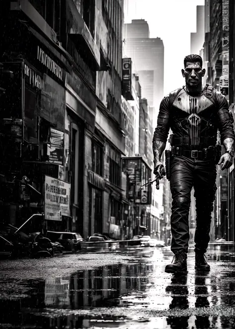 (Jon Bernthal as The Punisher|Frank Castle), (analog style), (Photorealistic:1.5), dark theme, nighttime, (raining), alleyway, puddle reflections:0.25, (urban city, New York city), black military tactical vest, ammo pouches, punisher skull on shirt, black BDU's, black combat boots, black trench coat, dramatic, cinematic, award winning, masterpiece, <lora:locon_jon_v1_from_v1_64_32:1>