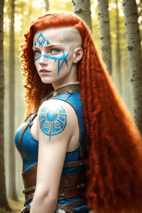 (analog style:1.3), (3/4 view), An extremely Beautiful young Woman, pale skin,blue eyes, freckle, (long fluffy curly red hair), shaved sides, warrior cut, Scottish, archer, (Blue War face-paint), Birch forest,
gritty sharp focus, intricate,
photorealistic, highly detailed, high detailed face, soft lighting, vibrant colors, masterpiece