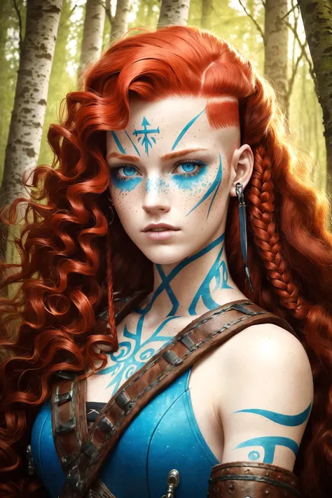(analog style:1.3), (3/4 view), An extremely Beautiful young Woman, pale skin,blue eyes, freckle, (long fluffy curly red hair), shaved sides, warrior cut, Scottish, archer, (Blue War face-paint), Birch forest,
gritty sharp focus, intricate,
photorealistic, highly detailed, high detailed face, soft lighting, vibrant colors, masterpiece