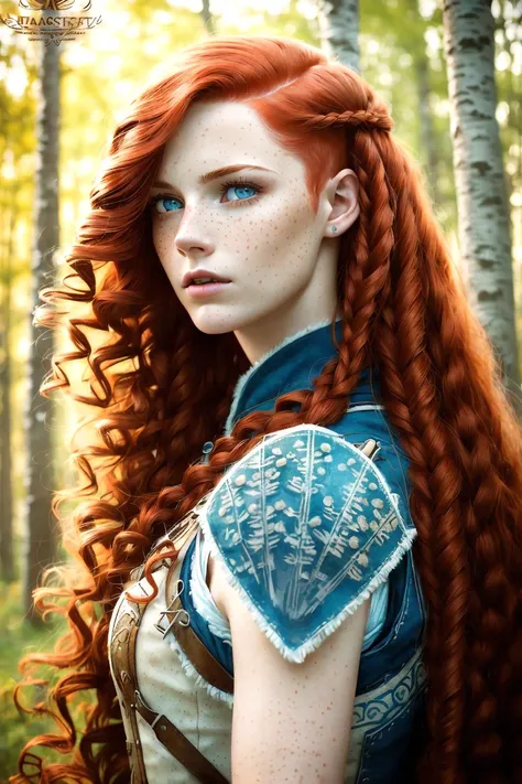 (analog style:1.3), (3/4 view), An extremely Beautiful young Woman, pale skin,blue eyes, freckle, (long fluffy curly red hair), shaved sides, warrior cut, Scottish, archer, (Blue Warpaint), Birch forest,
gritty sharp focus, intricate,
photorealistic, highly detailed, high detailed face, soft lighting, vibrant colors, masterpiece