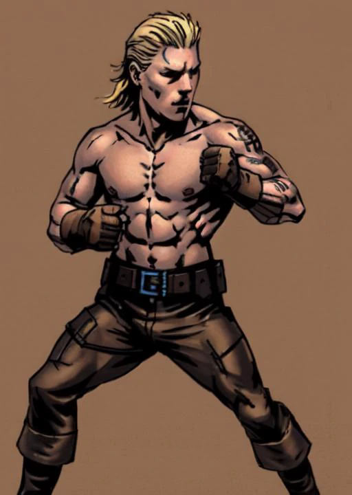 masterpiece, best quality, Metal Gear Solid, Liquid Snake, hair(blonde) shirtless, slacks(brown), gloves(brown), boots(brown), belt(black) full body <lora:DarkestDungeon_hard:0.8>, <lora:yojiShinkawaStyle_offset:0.6>, fighting stance, black tattoo