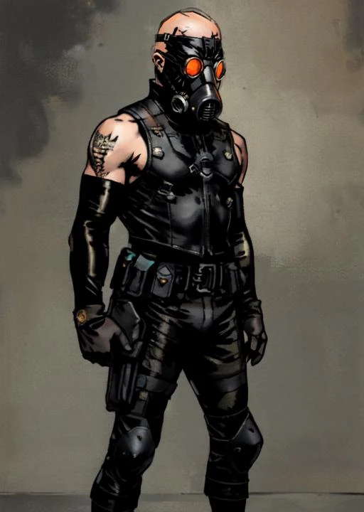 masterpiece, best quality, Metal Gear Solid, Psycho Mantis, bald, pale skin, ((black gas mask with orange lens)), leather sleeveless top(black), tight leather pants, half-sleeve armbands(black), fingerless gloves(black), full body <lora:DarkestDungeon_hard:0.8>, <lora:yojiShinkawaStyle_offset:0.6>, ((body straps)), belt