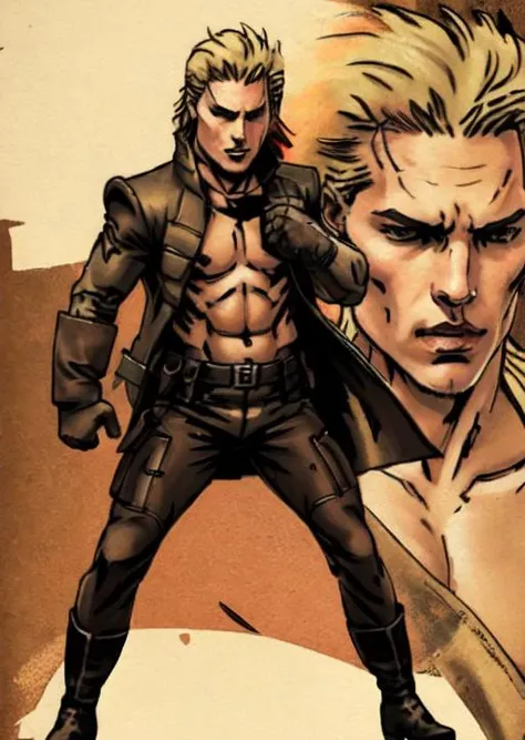 masterpiece, best quality, Metal Gear Solid, Liquid Snake, hair(blonde) shirtless, slacks(brown), gloves(brown), boots(brown), full body <lora:DarkestDungeon_hard:0.8>, <lora:yojiShinkawaStyle_offset:0.6>,