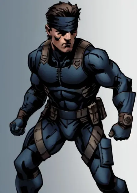 masterpiece, best quality, Metal Gear Solid, Solid Snake, hair(brown) sneaking suit (dark blue/black),long bandanna (dark blue), ((clean shaven)), full body <lora:DarkestDungeon_hard:0.8>, <lora:yojiShinkawaStyle_offset:0.6>,