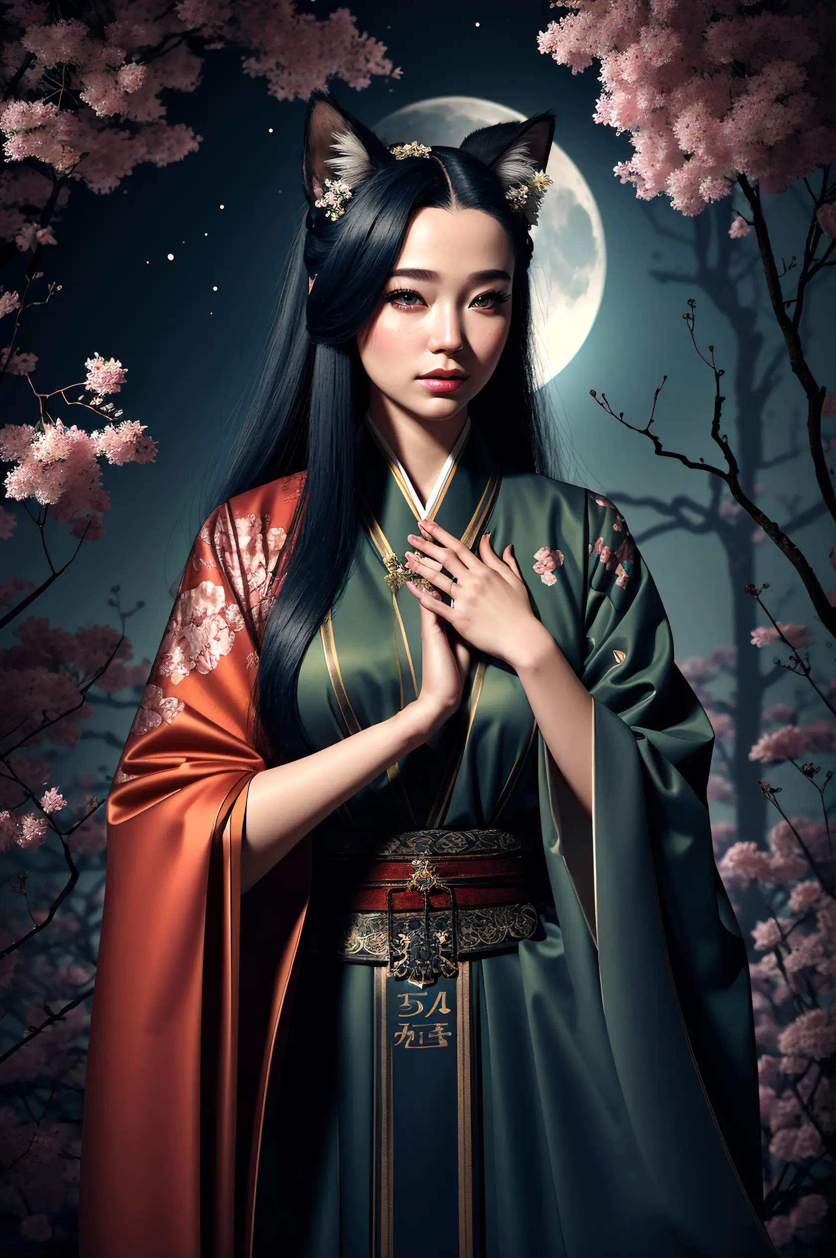 ((perfect hands)),1girl, solo, official art, unity 8k wallpaper, ultra detailed, beautiful and aesthetic, ((gorgeous face)), (photorealistic:1.4), (beautiful eyes, cat eyes:1.25), (Beautiful {red|blonde|ginger|auburn|black} hair), (Kitsune witch), fox mask:0.75, (haori jacket, kimono), jewelry, soft makeup, (foxfire spell), fox familiar, transformation, depth of field, Fantastical Atmosphere, Calming Palette, Tranquil Mood, Soft Shading, (soft moonlit forest background, detailed leaves, vines:0.1, fog:0.2, flowers:1.2), the most beautiful form of chaos, elegant, a brutalist designed, detailed, intricate, volumetric lighting, subsurface scattering, detailed skin texture, good highlights, good shading, good anatomy, good proportions, good composition, cinematic, (highest quality, award winning, masterpiece:1.3), (analog style:1.25), <lora:LowRA_v20:0.66>, (dark theme), (empty hands:1.6)