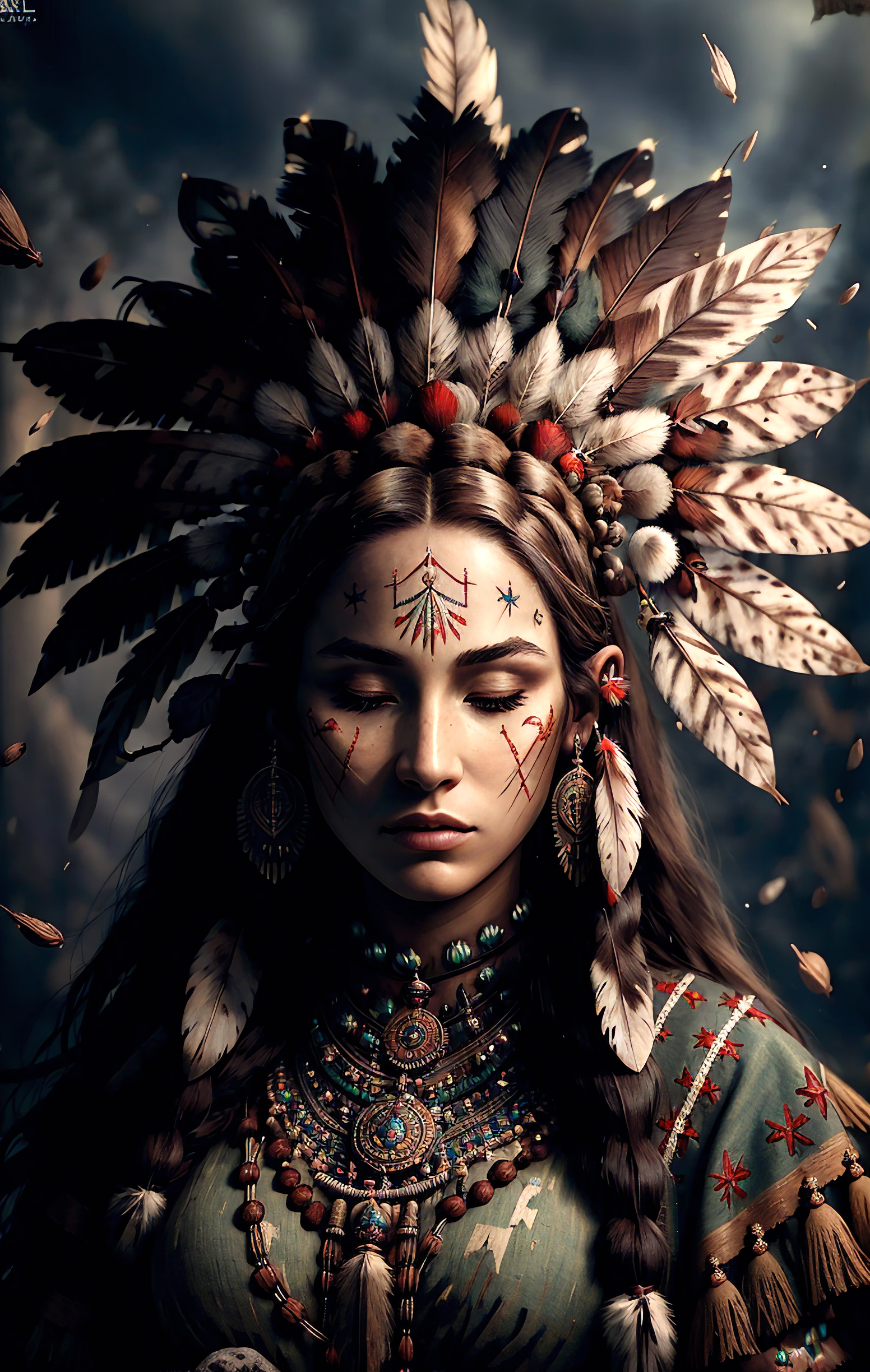 A woman with feathers on her head and a feather headdress - SeaArt AI