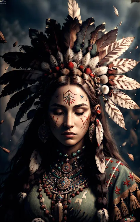 (full portrait), (half shot), solo, detailed background, detailed face, (<lora:stonepunkai_v10:0.5>, stonepunkAI, stone theme:1.1), wise, (female), (native american), (beautiful hair, braids:0.2), shaman, septum piercing, mystical, (gorgeous face), stunning, head tilted upwards, (eyes closed, serene expression), calm, meditating, Seafoam Green frayed clothes, prayer beads, tribal jewelry, feathers in hair, headdress:0.33, jade, obsidian, detailed clothing, cleavage, realistic skin texture, (floating particles, water swirling, embers, ritual, whirlwind, wind:1.2), sharp focus, volumetric lighting, good highlights, good shading, subsurface scattering, intricate, highly detailed, ((cinematic)), dramatic, (highest quality, award winning, masterpiece:1.5), (photorealistic:1.5), (intricate symmetrical warpaint:0.5), <lora:totempunkai_v20:0.4>