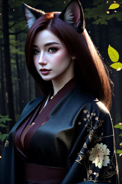 1girl, solo, official art, unity 8k wallpaper, ultra detailed, beautiful and aesthetic, ((gorgeous face)), (photorealistic:1.4), (beautiful eyes, cat eyes:1.25), (Beautiful red hair), (Kitsune witch), fox mask:0.6, haori jacket, kimono, jewelry, soft makeup, (foxfire spell), fox familiar, transformation, depth of field, Fantastical Atmosphere, Calming Palette, Tranquil Mood, Soft Shading, (soft moonlit forest background, detailed leaves, vines:0.1, fog:0.2, flowers:1.2), the most beautiful form of chaos, elegant, a brutalist designed, detailed, intricate, volumetric lighting, subsurface scattering, detailed skin texture, good highlights, good shading, good anatomy, good proportions, good composition, cinematic, (highest quality, award winning, masterpiece:1.3), (analog style:1.25), <lora:MUSE_style3_v1:0.66>, <lora:LowRA_v20:0.66>, (dark theme), (empty hands:1.5)