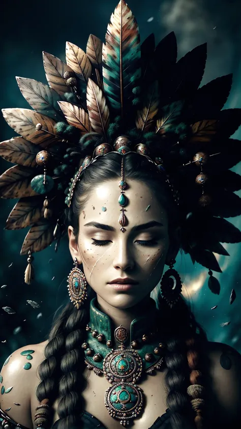 (full portrait), (half shot), solo, detailed background, detailed face, (<lora:stonepunkai_v10:0.5>, stonepunkAI, stone theme:1.1), wise, (female), shaman, mystical, (gorgeous face), head tilted upwards, (eyes closed, serene expression), calm, meditating, Seafoam Green frayed clothes, prayer beads, tribal jewelry, feathers, jade, obsidian, detailed clothing, realistic skin texture, (floating particles, water swirling, embers, ritual, whirlwind, wind), foreboding atmosphere, sharp focus, volumetric lighting, good highlights, good shading, subsurface scattering, intricate, highly detailed, ((cinematic)), dramatic, (highest quality, award winning, masterpiece:1.5), intricate symmetrical warpaint,  <lora:totempunkai_v20:0.3>