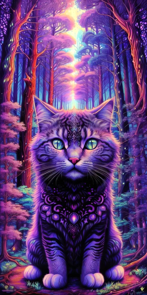 <lora:PsyAI_128:1>, PsyAI, cat facing camera, visionary art, forest background