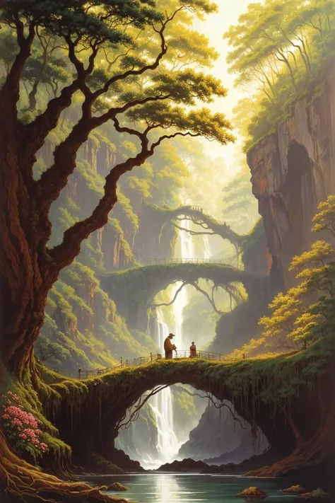 (tree-root bridge:1.2), giant tree, huge canyon, waterfall, jungle in background, huge bird, pink leef, flowers, (oil painting:1.2), (by Clyde Caldwell, by Larry Elmore, by Frank Frazetta:1.2), dnd, fantasy art, best quality, hightly detailed, masterpiece