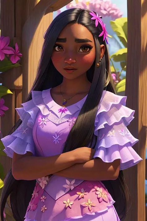 isabela madrigal, dark skin, default outfit, hair flower, upper body <lora:Isabela Madrigal_v1:1>