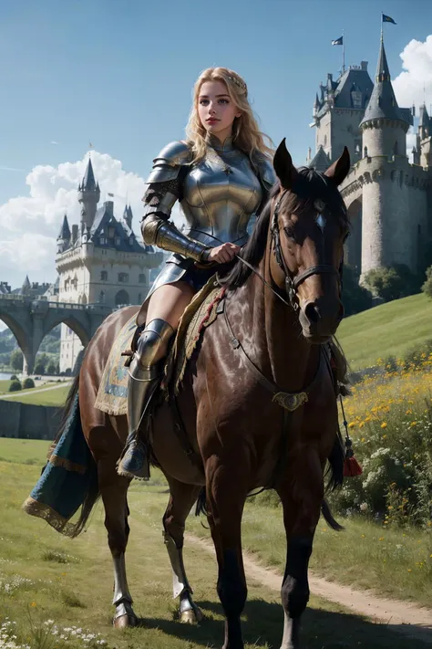 a picturesque and photorealistic scene of annast0ck as a formidable female warrior, clad in full medieval armor, mounting her steed in a tranquil meadow, with a majestic castle looming in the background, its turrets and battlements standing as a testament to the medieval era's grandeur,
(masterpiece, best quality, high quality), hyperdetailed, highres, intricate detail, HDR, 8k, sharp focus, detailed background, perfect hands, realistic eyes, detailed skin texture, (blush:0.5), (goosebumps:0.5), subsurface scattering, realistic, photorealistic,
<lora:sd1.5annast0ckv0.1-000002:0.7>