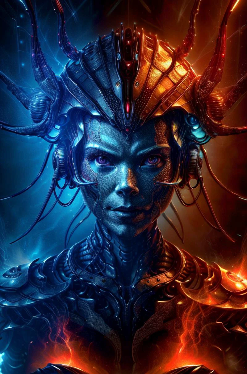 a close - up macro portrait of the face of a robot queen, energy flows of water and fire, epic angle and pose, symmetrical artwork, 3d with depth of field, blurred background, cybernetic jellyfish, female face skull peacock bird, translucent, nautilus, , a highly detailed epic cinematic concept, <lora:more_details:1> <lora:to8contrast-1-5:1> to8contrast style, high quality, absurdres, <lora:NightmarishAIv2:1> NightmarishAI,