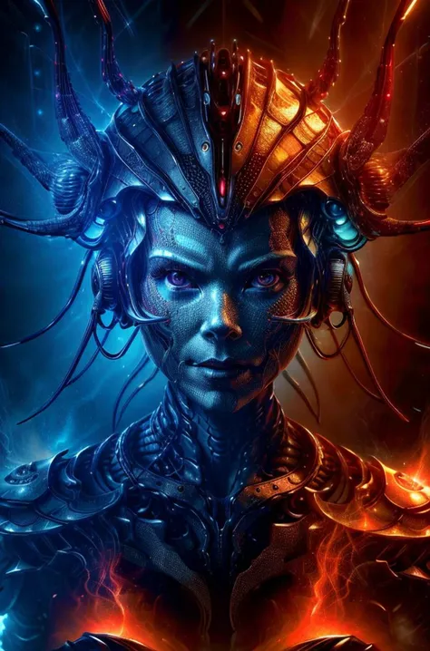 a close - up macro portrait of the face of a robot queen, energy flows of water and fire, epic angle and pose, symmetrical artwork, 3d with depth of field, blurred background, cybernetic jellyfish, female face skull peacock bird, translucent, nautilus, , a highly detailed epic cinematic concept,  <lora:more_details:1> <lora:to8contrast-1-5:1> to8contrast style,  high quality, absurdres,  <lora:NightmarishAIv2:1> NightmarishAI,