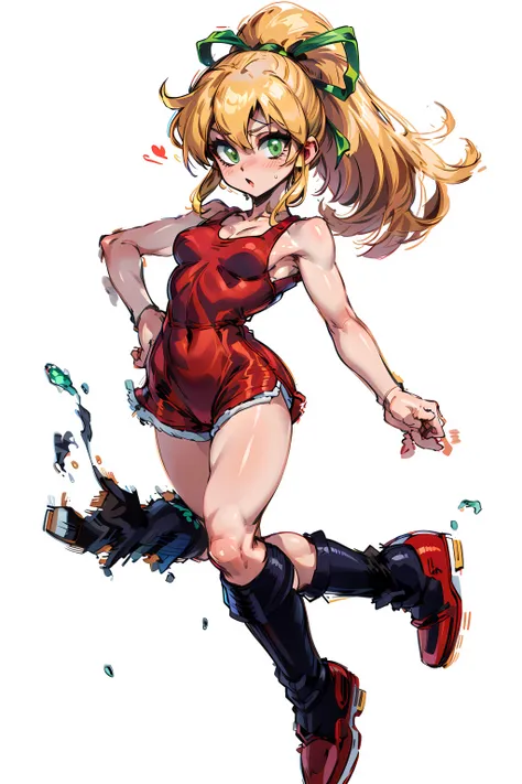 <lora:megaman_roll_dblora_01:1> megamanroll, roll, girl, solo, green eyes, blonde hair, ponytail, ribbon, long hair, red dress, hair ribbon, green ribbon, sidelocks, boots, (((masterpiece, best quality, ultra sharp details, ultra sharp body details, ultra sharp skin details))), chibi, red gym shorts, black tank top,