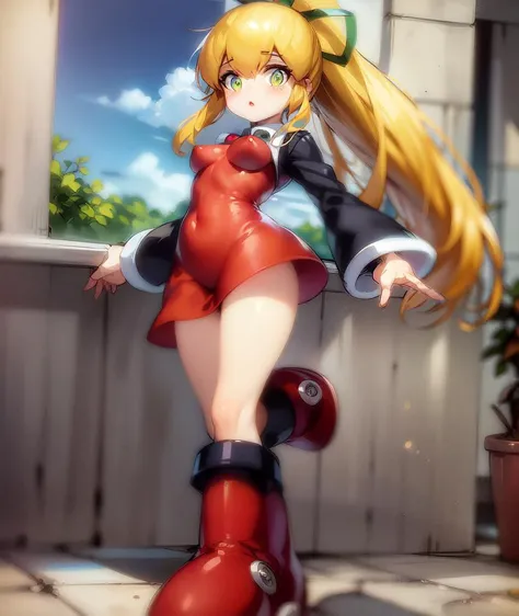 <lora:megaman_roll_dblora_09>,anime,1girl,full body,beautiful,mature female,cute,lovely,medium breasts,megamanroll,green eyes, blonde hair, ponytail, ribbon, long hair, hair ribbon, green ribbon, sidelocks,red dress, long sleeves,