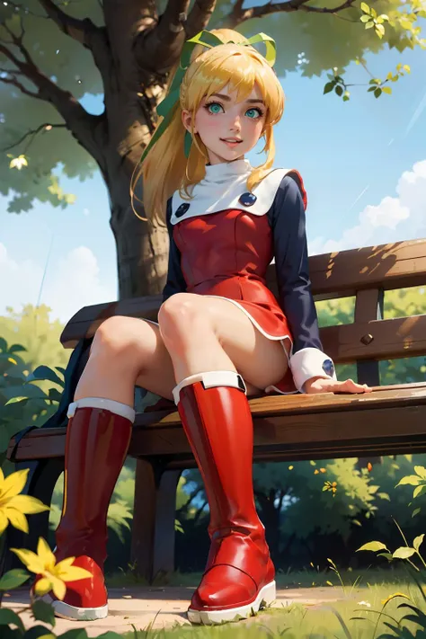 megamanroll, green eyes, blonde hair, ponytail, green ribbon, boots, red dress, red footwear, long sleeves, looking at viewer, serious, happy, 
outside, futuristic park, trees, change season, summer to fall, 
sitting, on bench, upskirt, extreme detail, hdr, masterpiece,fantasy quality, <lora:megaman_roll_dblora_01:.8>