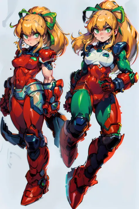 <lora:megaman_roll_dblora_01:1> megamanroll, roll, girl, solo, green eyes, blonde hair, ponytail, ribbon, long hair, red dress, hair ribbon, green ribbon, sidelocks, boots, (((masterpiece, best quality, ultra sharp details, ultra sharp body details, ultra sharp skin details))), 1girl, <lora:doomslayer2:0.5> ((armor, red power armor)),