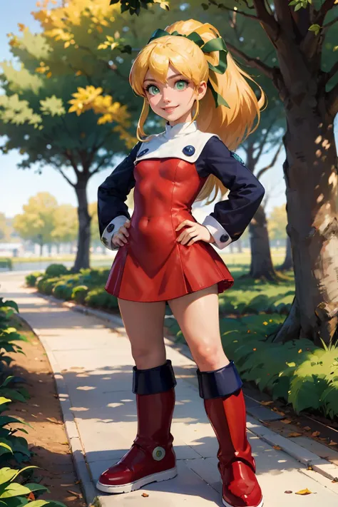 megamanroll, green eyes, blonde hair, ponytail, green ribbon, boots, red dress, red footwear, long sleeves, looking at viewer, smiling, 
hands on hips, cute pose, outside, futuristic park, trees, change season, summer to fall, 
extreme detail, hdr, masterpiece,fantasy quality, <lora:megaman_roll_dblora_01:.8>