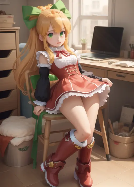 masterpiece, best quality, highest quality, photorealistic, perfect anatomy, perfect face, perfect eyes,
1girl, ,<lora:roll_extract_02:0.9> ribbon, ponytail, dress, hair ribbon, boots, green ribbon, blonde, mm_ro11, sexy pose, outdoors