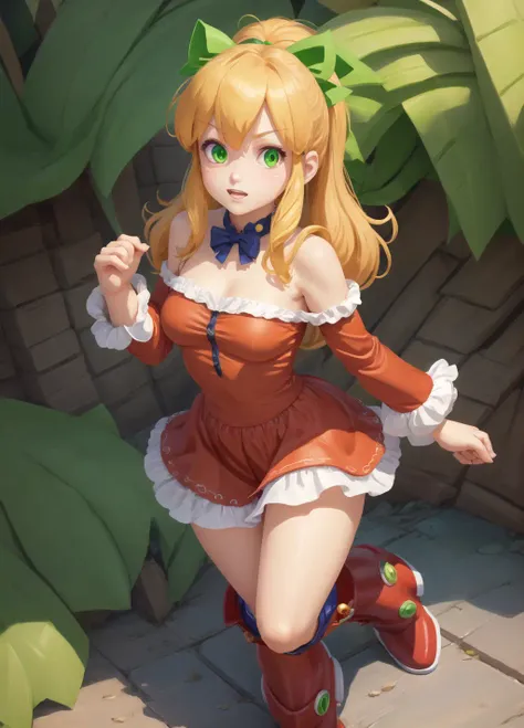masterpiece, best quality, highest quality, photorealistic, perfect anatomy, perfect face, perfect eyes,
1girl, <lora:roll_extract_02:0.9> ribbon, ponytail, dress, hair ribbon, boots, green ribbon,  blonde,  mm_ro11, sexy pose,