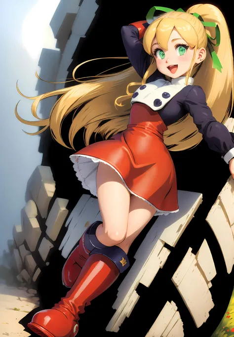 masterpiece, high quality, 
 <lora:megaman_roll_dblora_01-000009:0.9>, megamanroll, 1girl, solo, green eyes, blonde hair, ponytail, ribbon, open mouth, boots, dress, smile, long hair, knee boots, full body, white background, red dress, hair ribbon, arm up, red footwear, long sleeves, red skirt, :d, green ribbon, looking at viewer, sidelocks, skirt