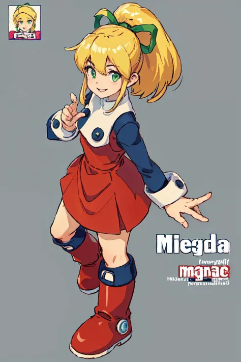masterpiece, high quality, 1girl, solo, cowboy shot, long hair, SMILE,looking at viewer,  megamanroll, 8bit game background, NES game background, Pixel art background,
green eyes, blonde hair, ponytail, ribbon, boots, dress, long hair, red dress, hair ribbon, long sleeves, red skirt, green ribbon, sidelocks, skirt, boots,  fighting,  on city, blue sky, from above,
Amazing, finely detail, <lora:megaman_roll_dblora_01:0.8>