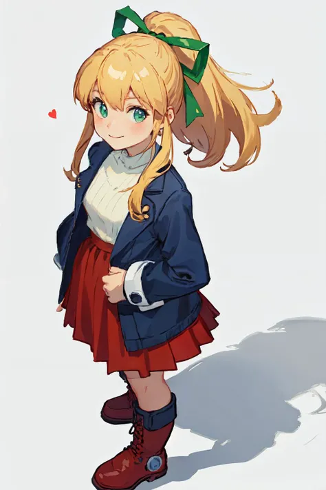 masterpiece, high quality, 1girl, solo, cowboy shot, long hair, SMILE,looking at viewer,  megamanroll, 8bit game background, NES game background, Pixel art background,
green eyes, blonde hair, ponytail, ribbon, boots, dress, long hair, red dress, hair ribbon, long sleeves, red skirt, green ribbon, sidelocks, skirt, boots,  fighting,  on city, blue sky, from above,
Amazing, finely detail, <lora:megaman_roll_dblora_01:0.8> heart,