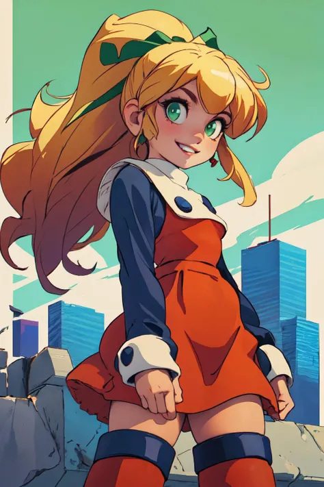 masterpiece, high quality, 1girl, solo, cowboy shot, long hair, SMILE,looking at viewer,  megamanroll, 8bit game background, NES game background, Pixel art background,
green eyes, blonde hair, ponytail, ribbon, boots, dress, long hair, red dress, hair ribbon, long sleeves, red skirt, green ribbon, sidelocks, skirt, boots,  fighting,  on city, blue sky, from below, 
Amazing, finely detail, <lora:megaman_roll_dblora_01:0.8> heart,