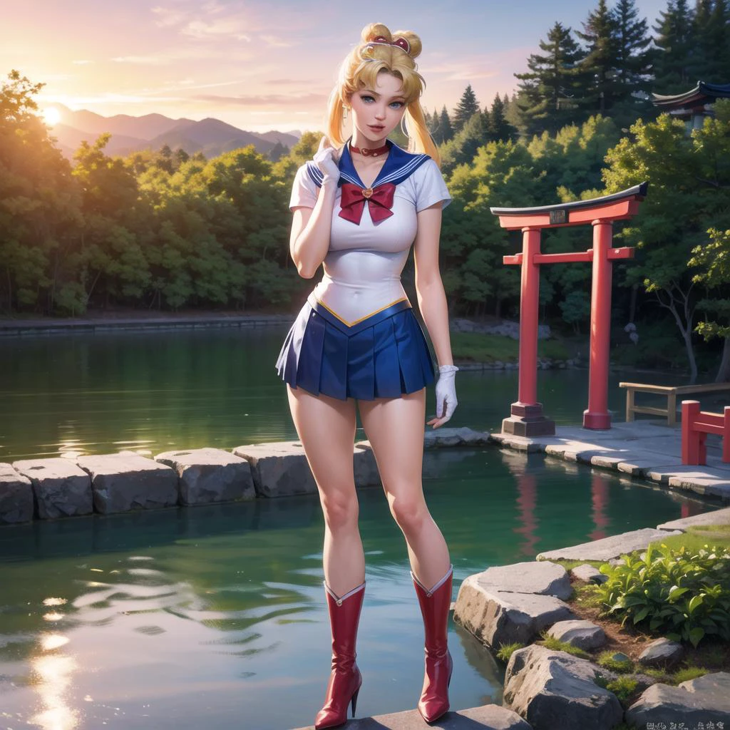 8k, RAW photo, best quality, masterpiece:1.2), (ultra highres:1.0), detailed illustration, detailed, (realistic, photo-realistic:1.37), detailed beautiful skin, <lora:Sailor_Moon-01:1> sailor moon, (1 girl: 1.2),(full body:1.2),(hand of Guido Daniele:1.2), slim body, cute, happy, long hair, long leg,thick thighs, cleavage,blue skirt,red bow,blue eyes,blond hair,twin tails,hair bun,hair ornament,blue sailor collar, red choker, red boots, high heels, sailor senshi uniform, white gloves standing in garden, in water, in onsen, japan temple, torii, outdoors, sunset, plants, japan buildings,photographer, foreground, camera,