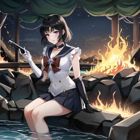 realistic, photo-realistic, award winning masterpiece with incredible details, epic stunning, masterpiece, best quality,
tiara, sailor senshi uniform, purple sailor collar, pleated skirt, elbow gloves, jewelry, brooch, choker,short black hair,purple eyes,18 years old, adapted costume
1girl, dslayer,  a man in a green and brown armor, the only thing they fear is you, rip and tear until it is done, he is doom, the slayer's time is now, posing for a picture, (sexy_scifi, woman in a silver space costume, wearing sexy_scifi, posing for a picture:0.75),thisisfine, staying positive, surrounded by flames, fire, sitting, smoke
sitting in watert, in water, in onsen, japan temple, torii, outdoors, sunset, plants, japan buildings,photographer, foreground, camera,  <lyco:Cyber_Armor:0.85> ,  <lora:thisisfineV3:0.4>  <lora:sailormoon_sailorsaturn-10:0.7>