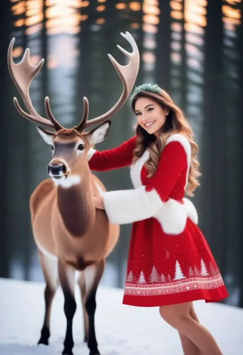cute woman wearing red Christmas dress is hugging happy reindeer,
(snowy forest, moonlight, Christmas trees), (sparkles, sparkling clothes, sparkling eyes),