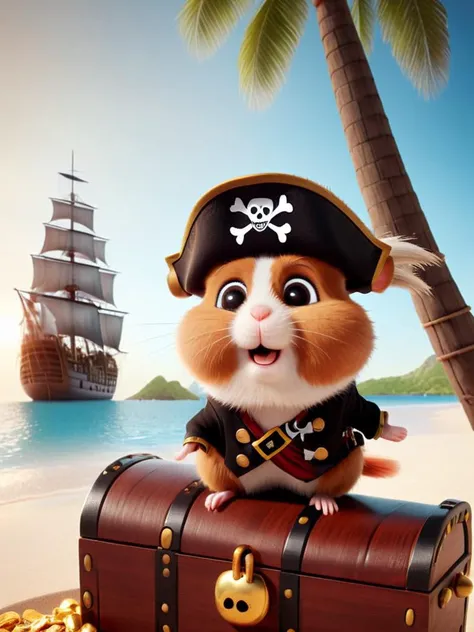 TSLoP, cute hamster captain, waering pirat outfit, on an tropcial island, (palm trees, peanuts scatterred over the beach:1.4), (open chest full of peanuts:1.6), sunset, (a large pirate ship with a pirate flag in the background:1.3), best quality, masterpiece, raw photo, disney style, cartoon, 3d style, <lora:TSLoP:0.7> <lora:sdxl_lora_pirate2:1.5>
