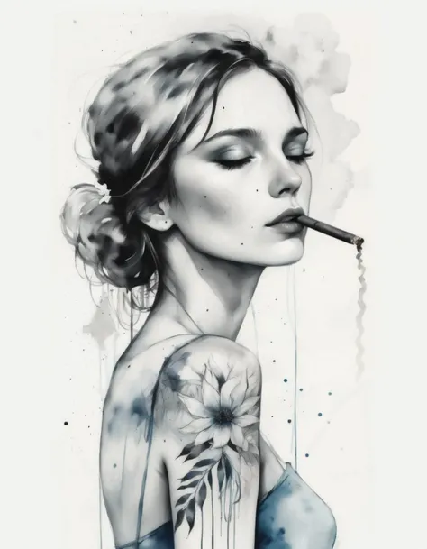 Classic American traditional tattoo style 1girl cigarette,masterpiece,realistic,reality,highres, slim, fit, thin body, Bold lines, nautical elements, retro flair, symbolic