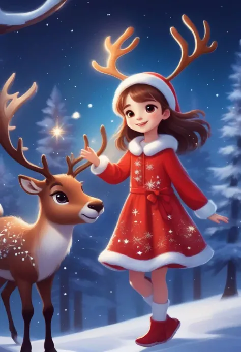 cute girl wearing red Christmas dress is hugging happy reindeer,
(snowy forest, moonlight, Christmas trees), (sparkles, sparkling clothes, sparkling eyes), fantasy, cartoon, animated