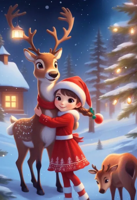 cute girl wearing red Christmas dress is hugging happy reindeer,
(snowy forest, moonlight, Christmas trees), (sparkles, sparkling clothes, sparkling eyes), fantasy, cartoon, animated