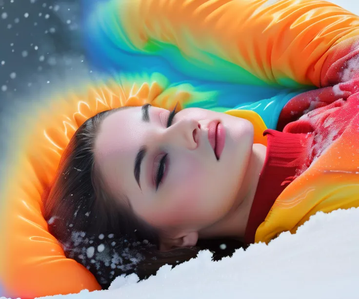a beautiful woman lies on her back, (melting into the snow:1.9), (shrouded in mist:1.9), wearing a colorful full body suit,
full body view, overhead view,
realistic photo