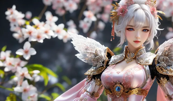 a sexy woman in a white gold and pink lotus lace armor skirt, chengwei pan on artstation, by Yang J, detailed fantasy art, stunning character art, fanart best artstation, epic exquisite character art, beautiful armor, extremely detailed artgerm, detailed digital anime art, artgerm on artstation pixiv, armor girl, cleavage big breasts:1.2, (mini skirt:1,5)