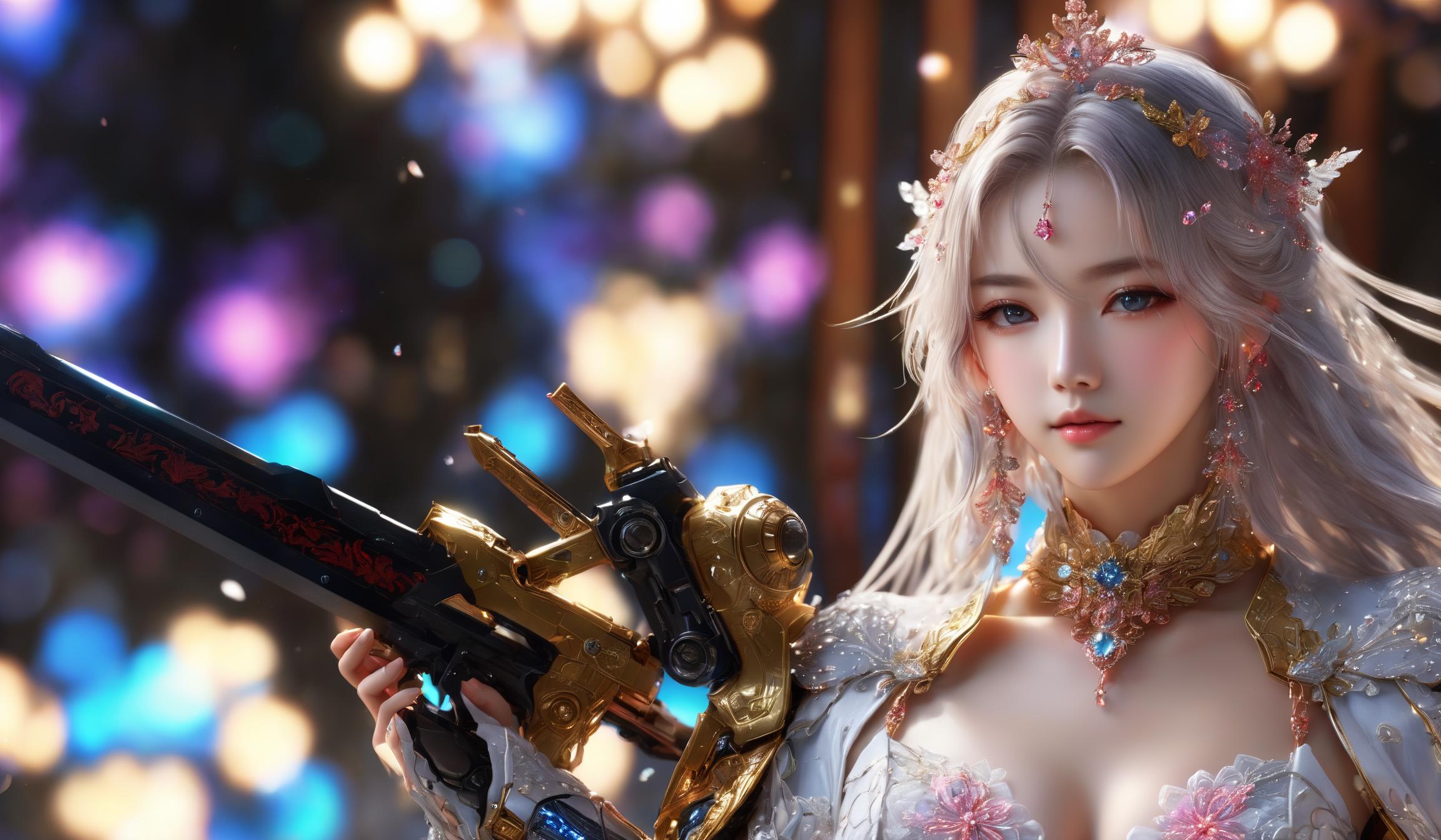 Peerlessly Beautiful A close up of a woman holding a sword in a dress - SeaArt AI