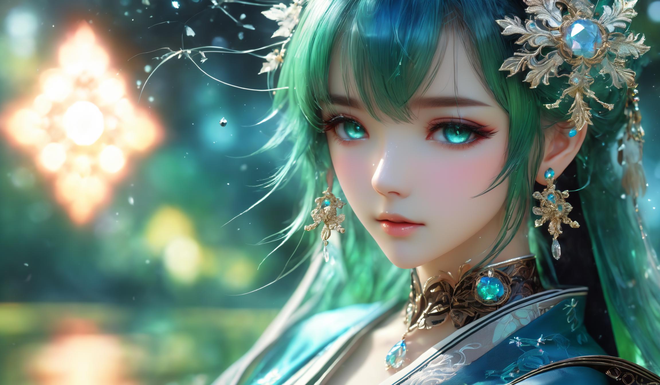 Peerlessly Beautiful A close up of a woman with green hair and a flower in her hair - SeaArt AI