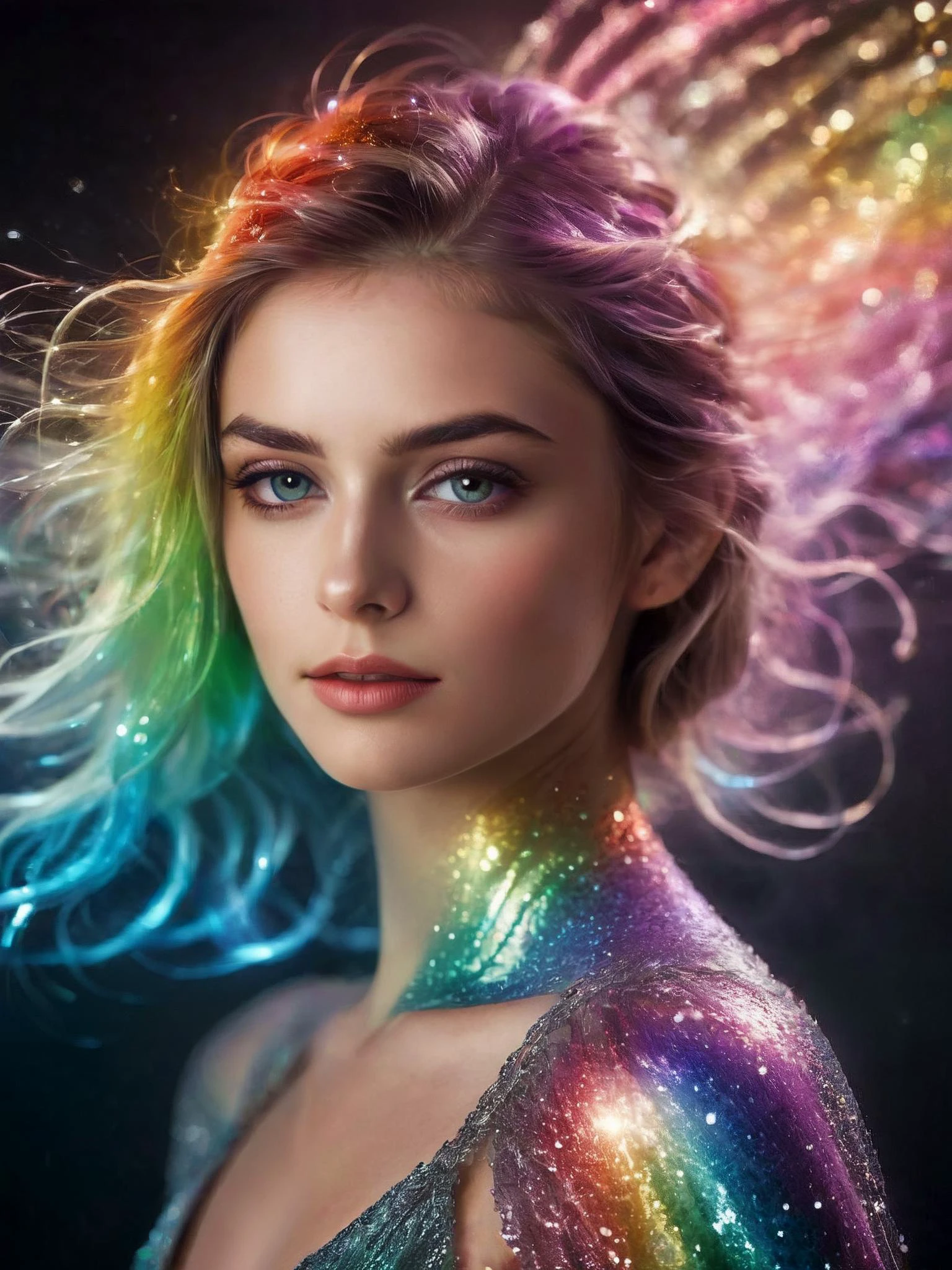 photorealistic portrait,
fantasy photo, sharp focus,
a woman made of sparkling transparent rainbow colors. (She is translucent:1.95), merging seamlessly with the air, radiating sparkling ethereal color,
<lora:RMSDXL_Enhance:45>,
<lora:add-detail-xl:0.8>,
<lora:RMSDXL_Darkness_Cinema:0.5>,
<lora:RMSDXL_Photo:0.45>,
<lora:RMSDXL_Creative:0.35>,
<lora:Retro_Illustration:0.4>,
<lora:sdxlInkPunkStyle v01:0.6>,