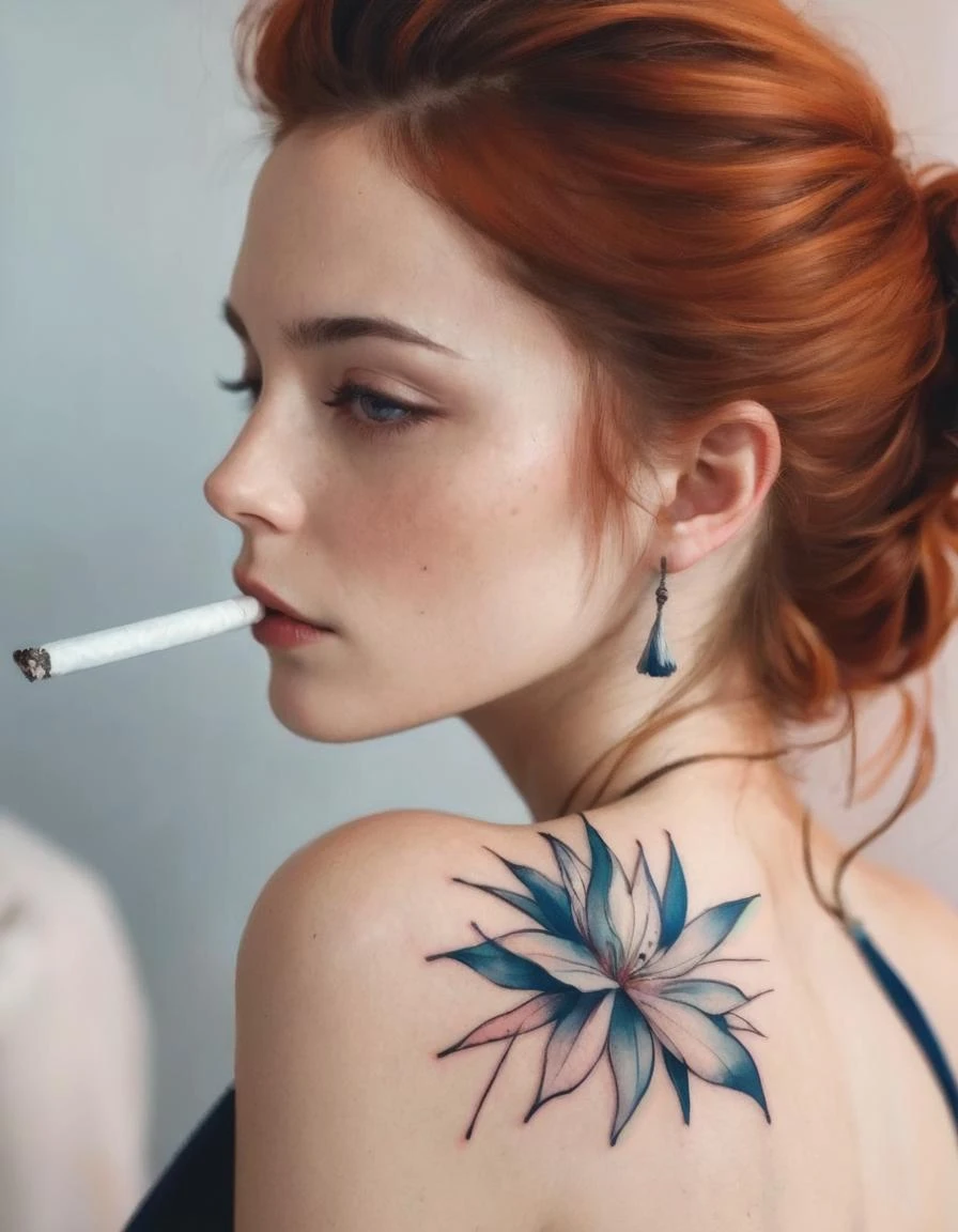 Classic American traditional tattoo style 1girl cigarette,masterpiece,realistic,reality,highres, slim, fit, thin body, Bold lines, nautical elements, retro flair, symbolic
