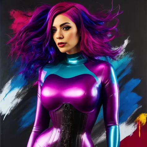 a woman in a purple latex suit with blue hair, fully covered in colorful paint, cyberpunk vibrant colors, color portrait, shiny colorful, amouranth as a super villain, dreamy colorful cyberpunk colors, futuristic glossy latex suit, latex outfits, shiny colors, intense colors, glossy digital painting, made of liquid purple metal, dark purple hair and cybernetics