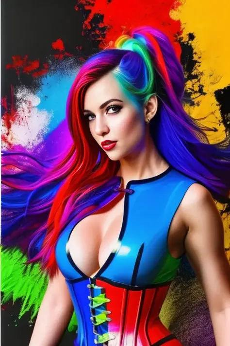 a woman with colorful hair and a corset, artgerm colorful!!!, fully covered in colorful paint, dripping with color, wearing latex, latex outfits, full of colors, colorful photo, super colorful, colorful pigtail, beautiful and colorful, cyberpunk vibrant colors, amouranth as a super villain, extremely colorful, fresh rainbow bodypainting, colorful, rubber and latex